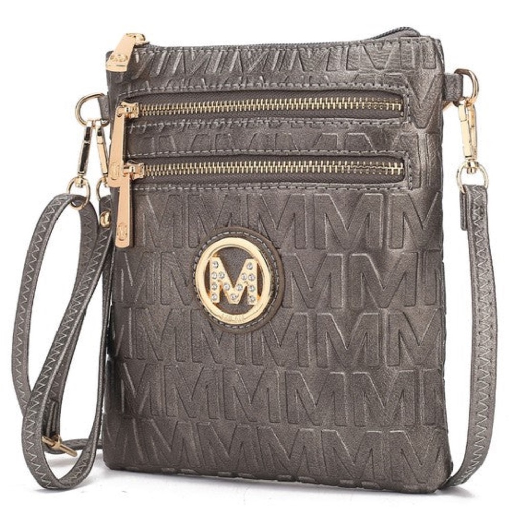 Elegant Gray Crossbody Bag with Gold Details